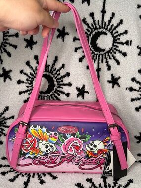 BRAND NEW Ed Hardy Pink Satchel Purse with Skull, Rose Design & Rhinestones